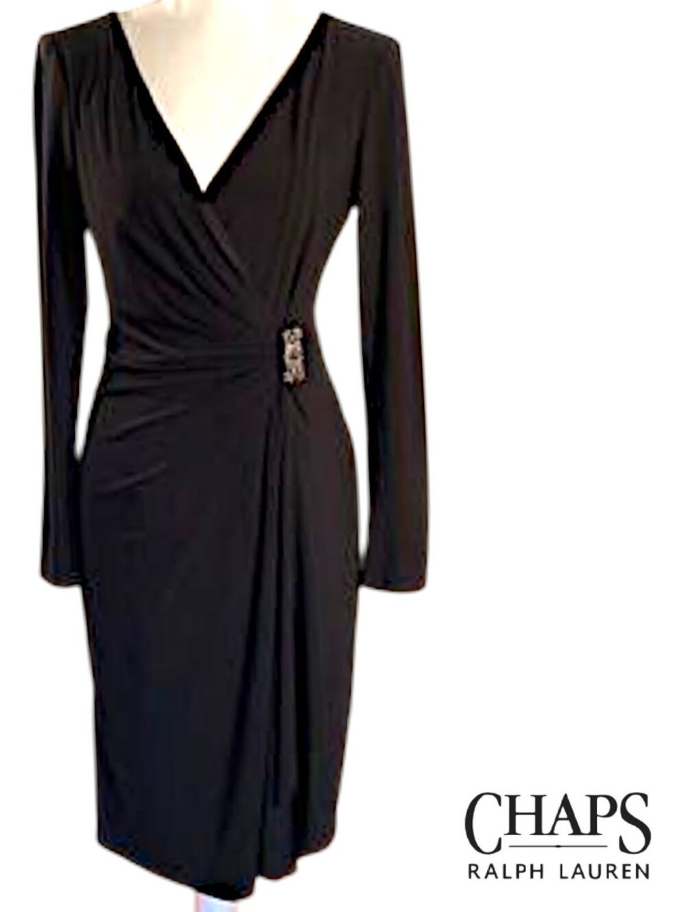 Chaps Black Long-Sleeve Faux-Wrap Dress with Decorative Buckle- Like New -Medium